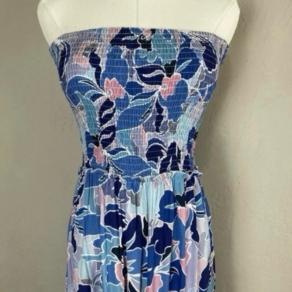 Abel the Label Blue Floral Smocked Strapless Maxi Dress Vacation Resort Boho - Picture 2 of 5